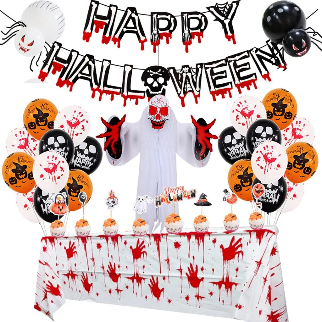 Halloween latex balloon set with black and white skull and pumpkin designs including spider balloon arch element