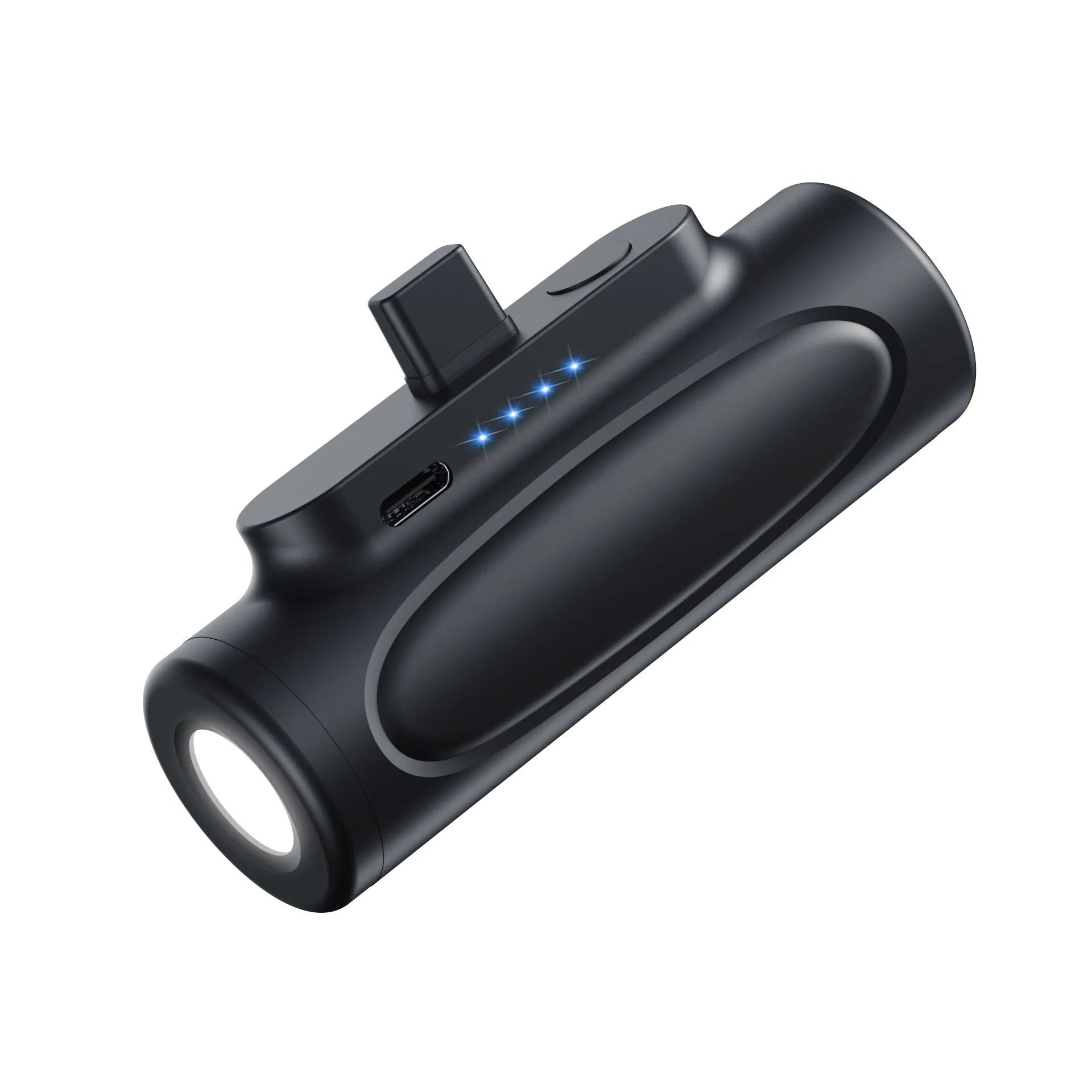 Black and pink portable power bank with a built-in LED flashlight, showing USB-C and Apple port options.