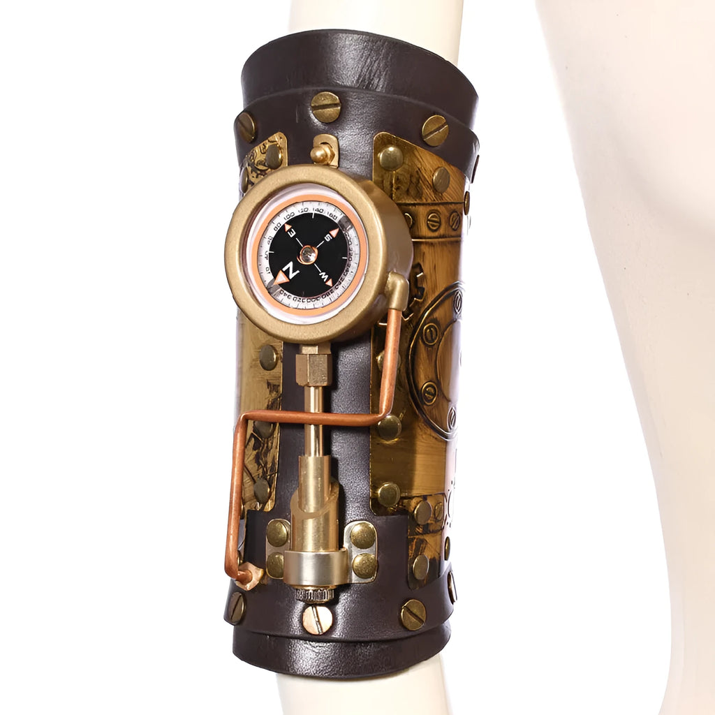 Steampunk compass bracelet with black PU leather strap and antique brass compass pendant on display