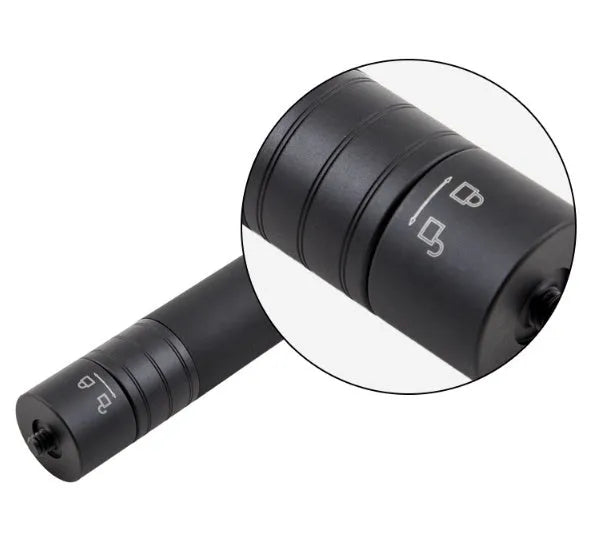 Black retractable aluminium selfie stick with phone clamp, extended to full length.