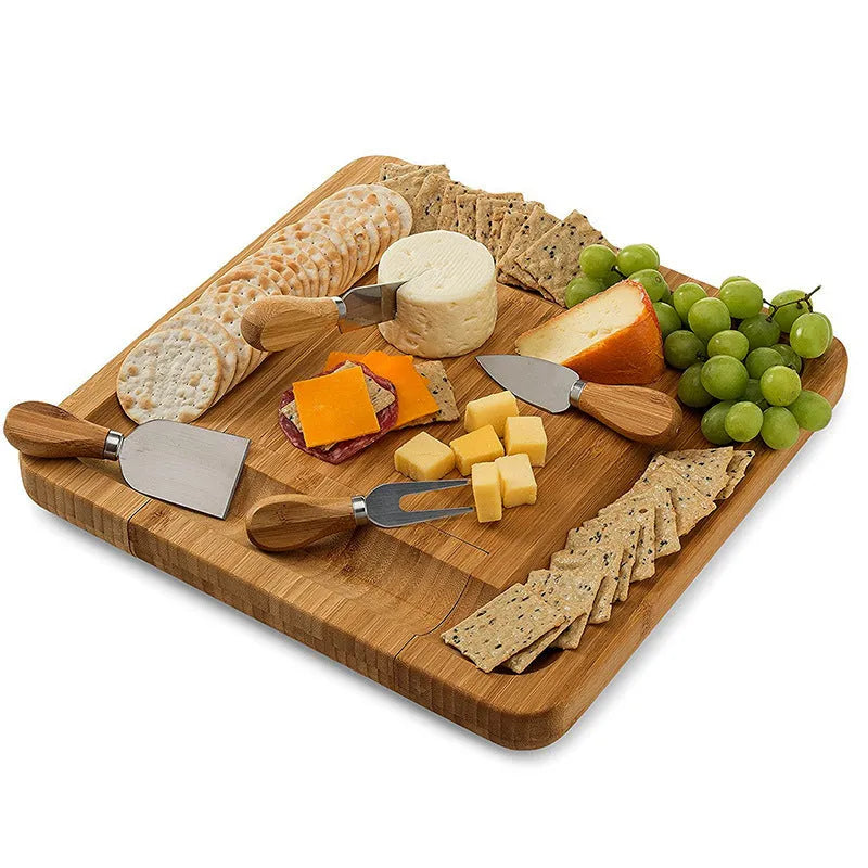 Square bamboo cutting board with knife drawer and natural wood colour finish