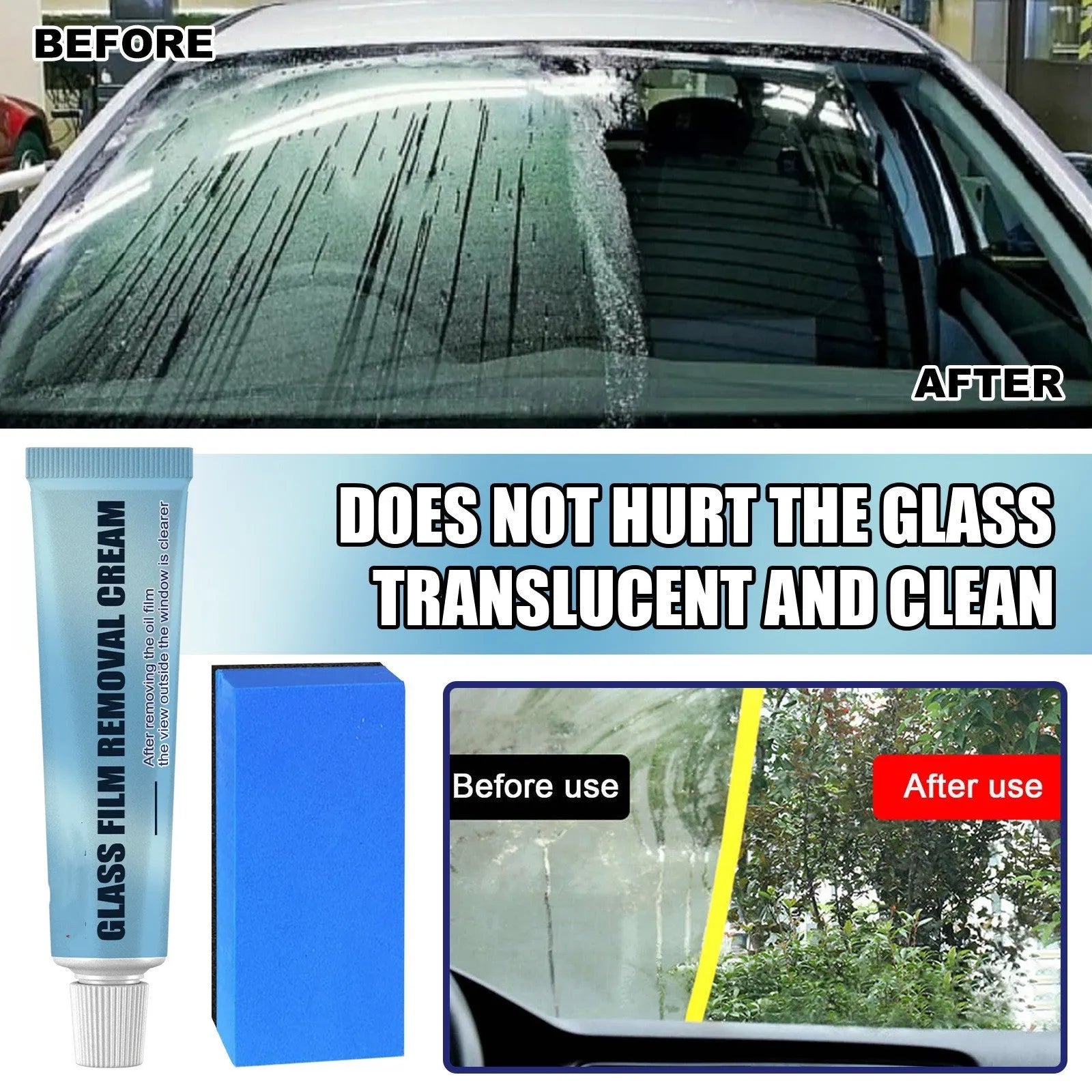 Blue car glass oil film remover tool with soft sponge applicator for clear window visibility