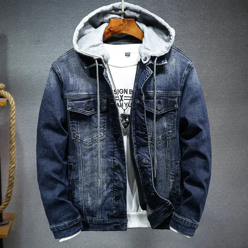 Thick denim jacket men black hooded cotton winter slim fit with lapel collar