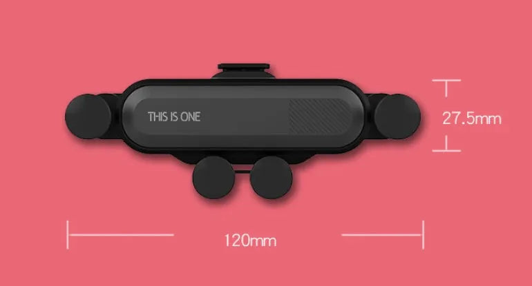 Universal black plastic car phone holder clipped onto a vehicle air vent
