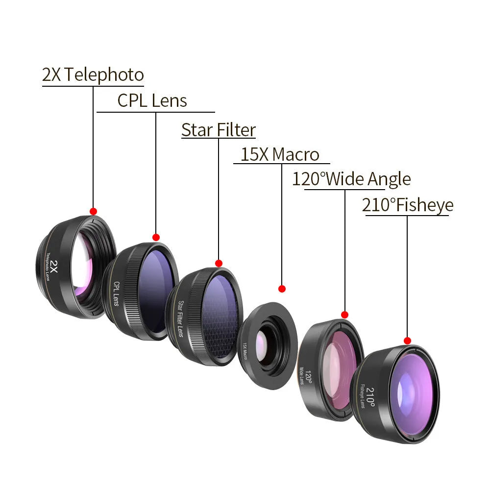 Black 6-in-1 smartphone camera lens kit with fisheye, wide-angle, telephoto lenses and filters in a case.