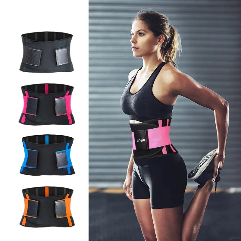 Neoprene sports waist belt with silicone anti-skid and adjustable Velcro, shown in black, blue, deep pink, orange, or pink.