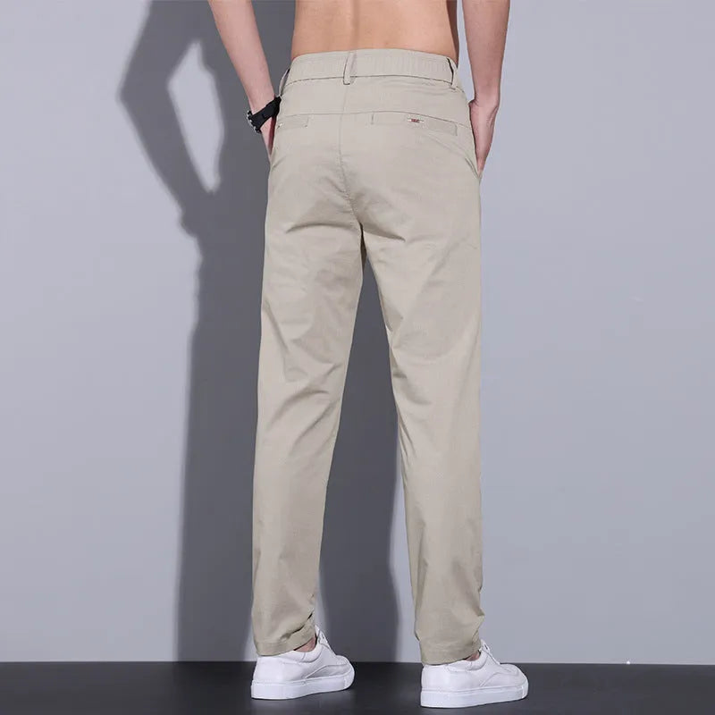 Men's straight fit cotton trousers in light khaki colour suitable for business casual spring summer wear