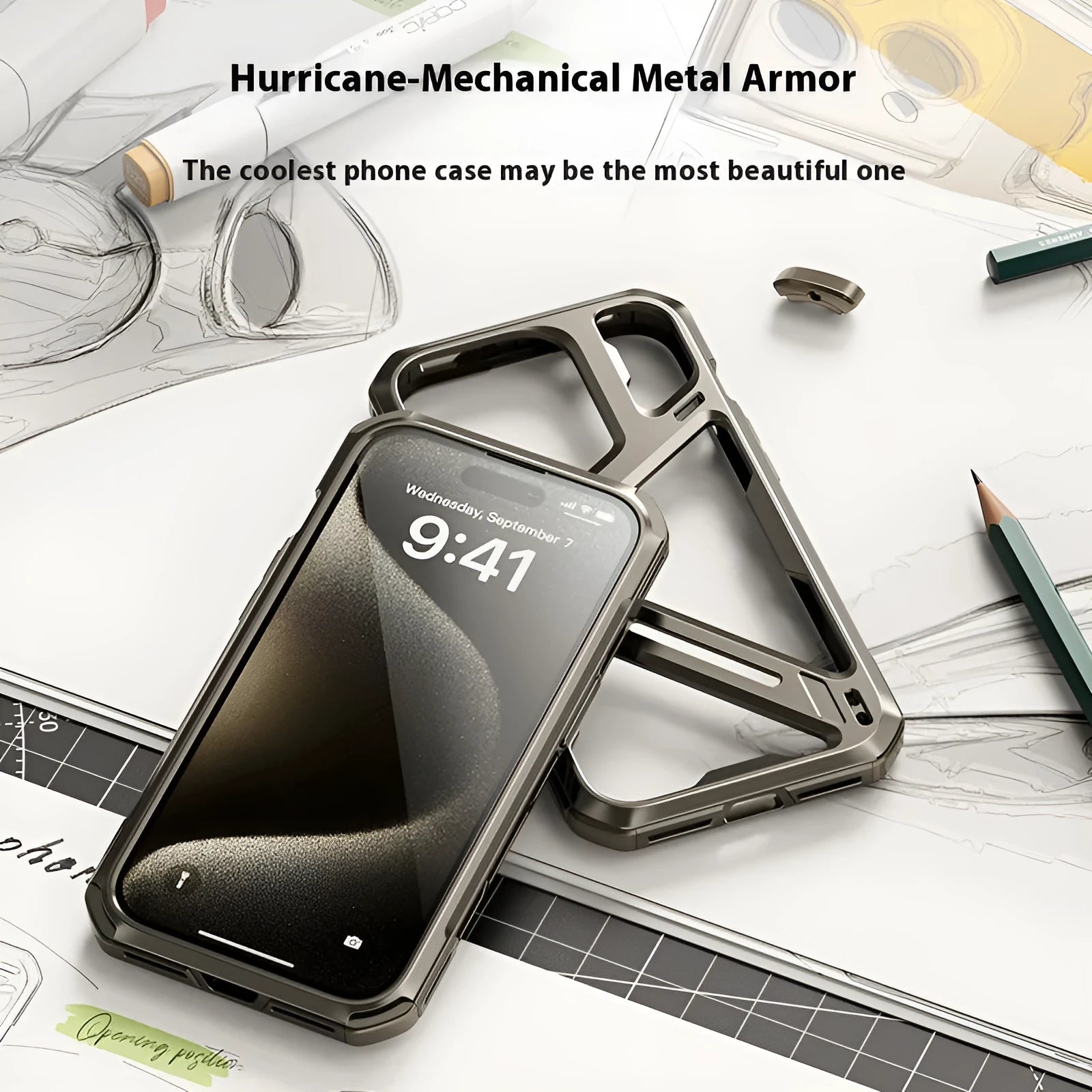 Titanium Gray metal phone case with hollow back for iPhone 14 Pro Max, half pack style