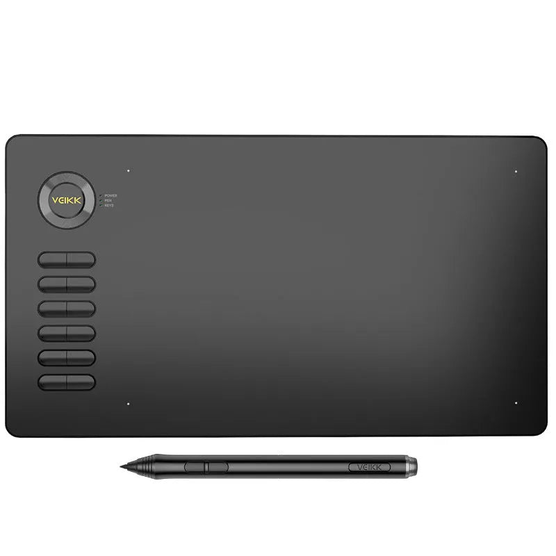 VEIKK A15 electronic digital graphic drawing tablet in black with stylus pen and USB-C cable on desk