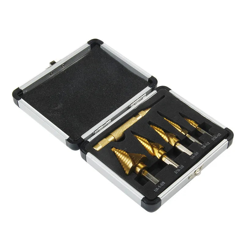 Gold-coloured steel and aluminium adjustable cutting tool with 118-degree blade tip.