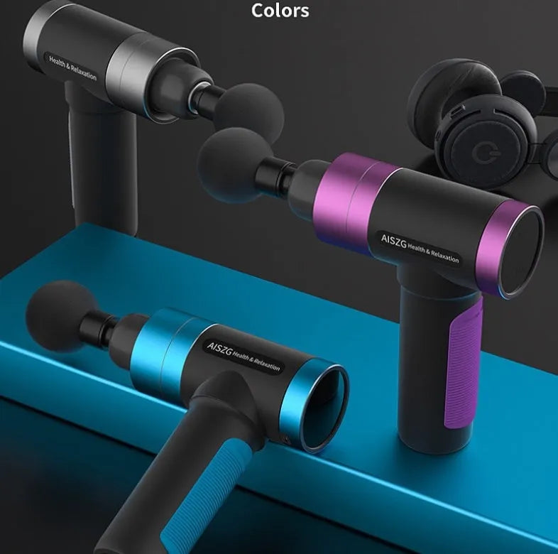 USB muscle massager in blue with space aluminium body, five speed control, and compact 225x185x60mm size
