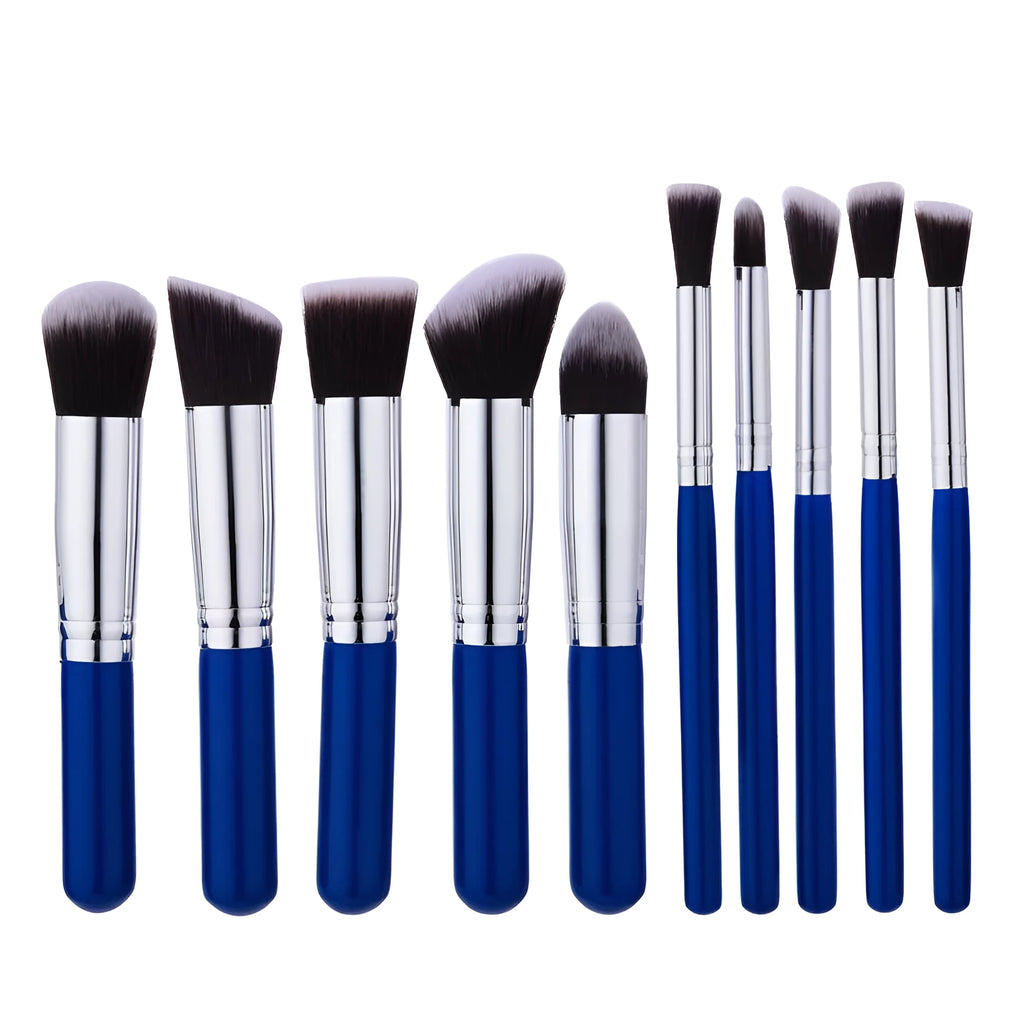 10-piece makeup brush set with nylon bristles, wooden handles, blue silver mini design, thick and thin sizes, and OPP bag.