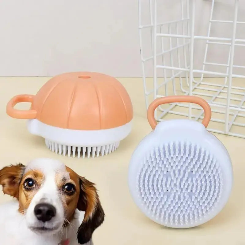 Orange TPR dog bath brush with shampoo dispenser, massage bristles and comb teeth.
