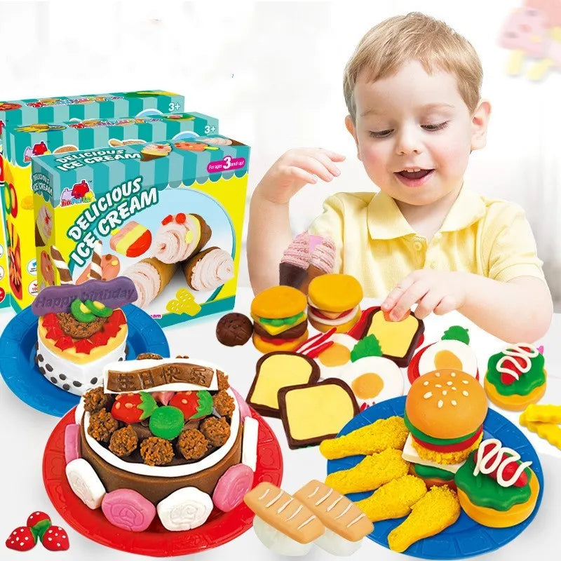 Large DIY kindergarten educational toys colour mud playset with BBQ machine, burger machine, hairstylist, and ice cream box options