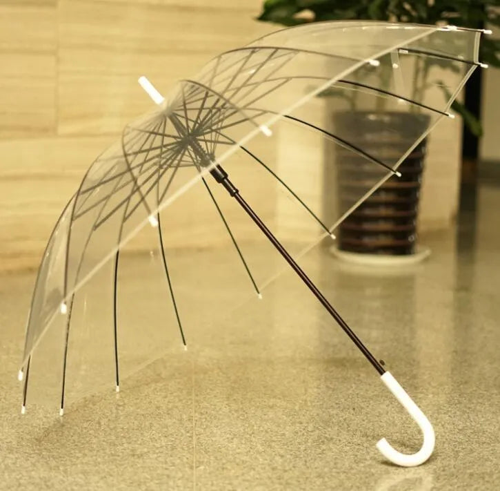 Transparent 16-rib umbrella with extra-long handle showing black steel skeleton frame