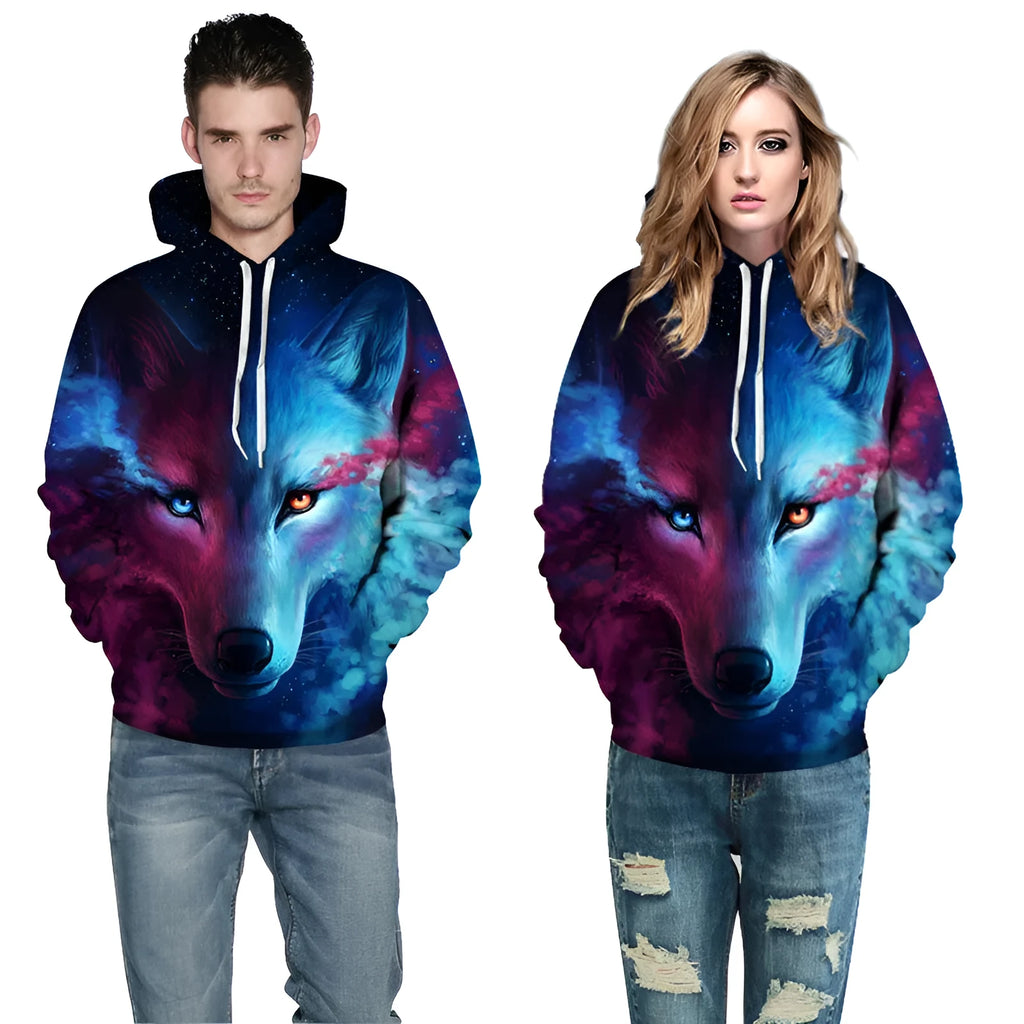 Men and women wearing a galaxy wolf print sweatshirt, long sleeve unisex pullover in black with starry space design