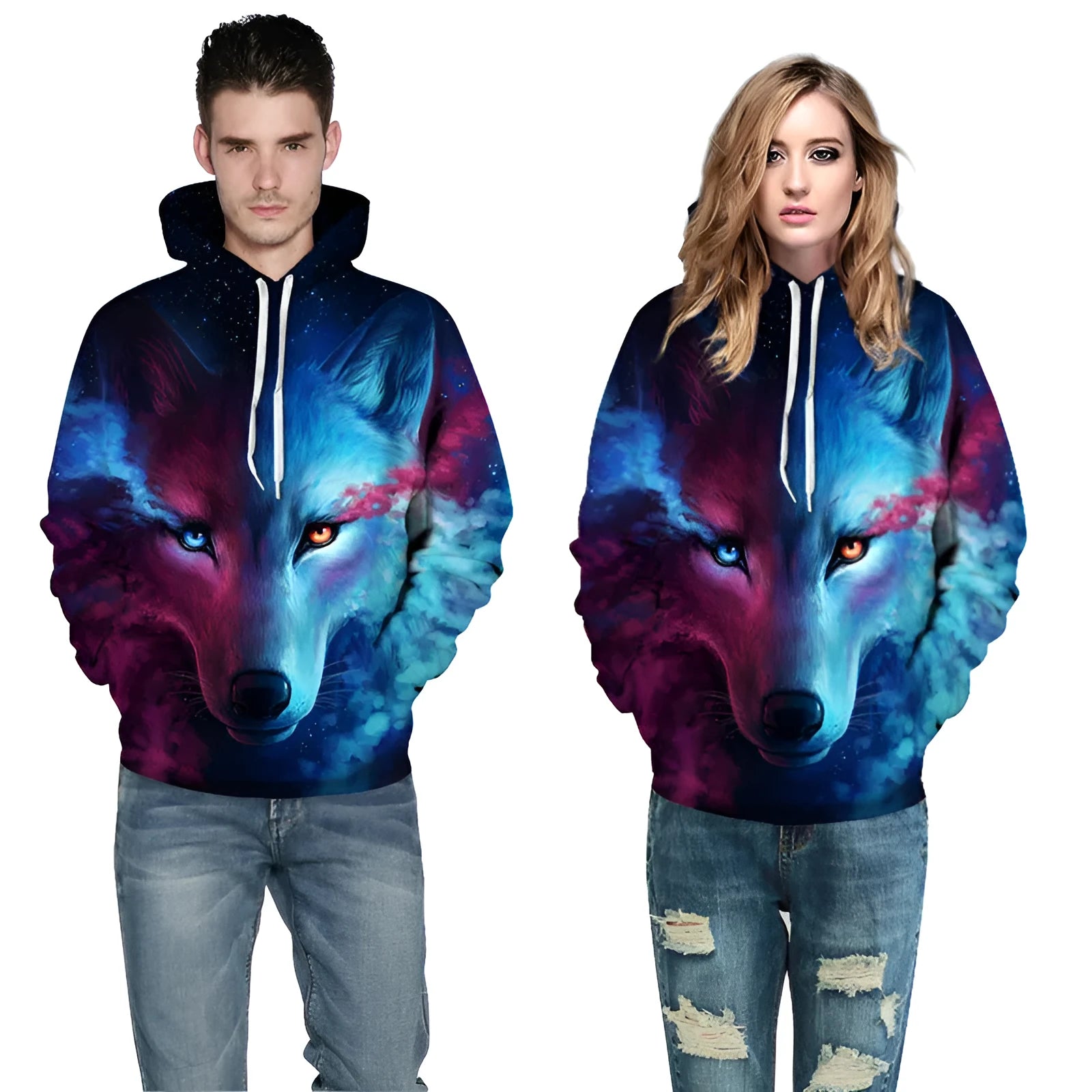 Men and women wearing a galaxy wolf print sweatshirt, long sleeve unisex pullover in black with starry space design