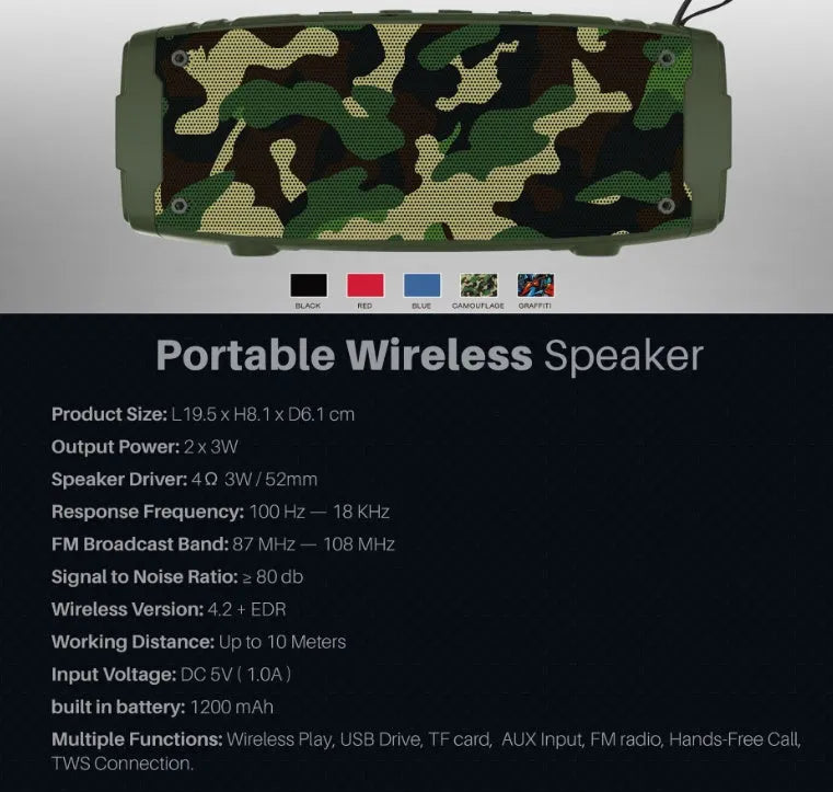 Portable Bluetooth speaker in six colour options including camouflage and graffiti designs.