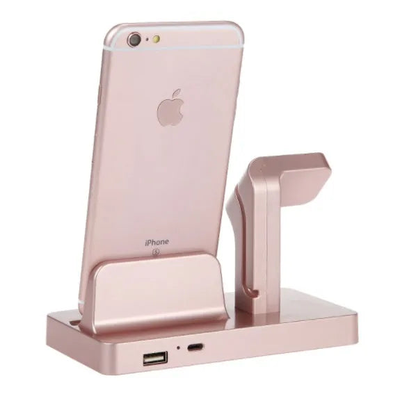 White 2-in-1 desktop charging dock holding an iPhone and an Apple Watch simultaneously.