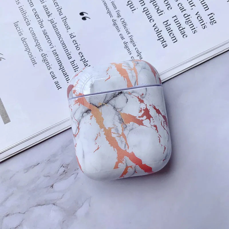 White Marble hard PC protective cover case for Apple AirPods 1 and 2 charging box.