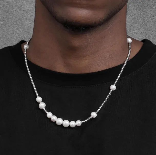 Unisex S925 sterling silver necklace with natural pearl and platinum-plated spacer bead on 51cm chain