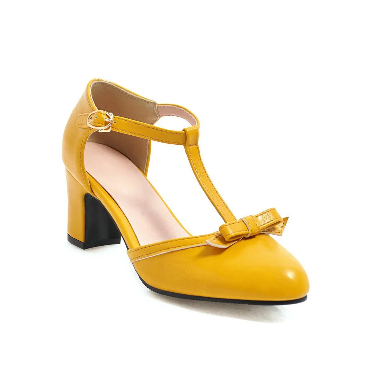 Women's apricot PU chunky heel sandals with bow detail and buckle strap on a 6.5cm heel.