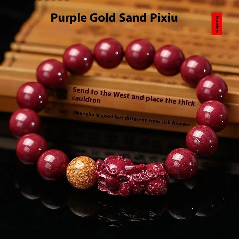 Polished cinnabar and Purple Gold Sandstone bracelet with totem design on wrist.