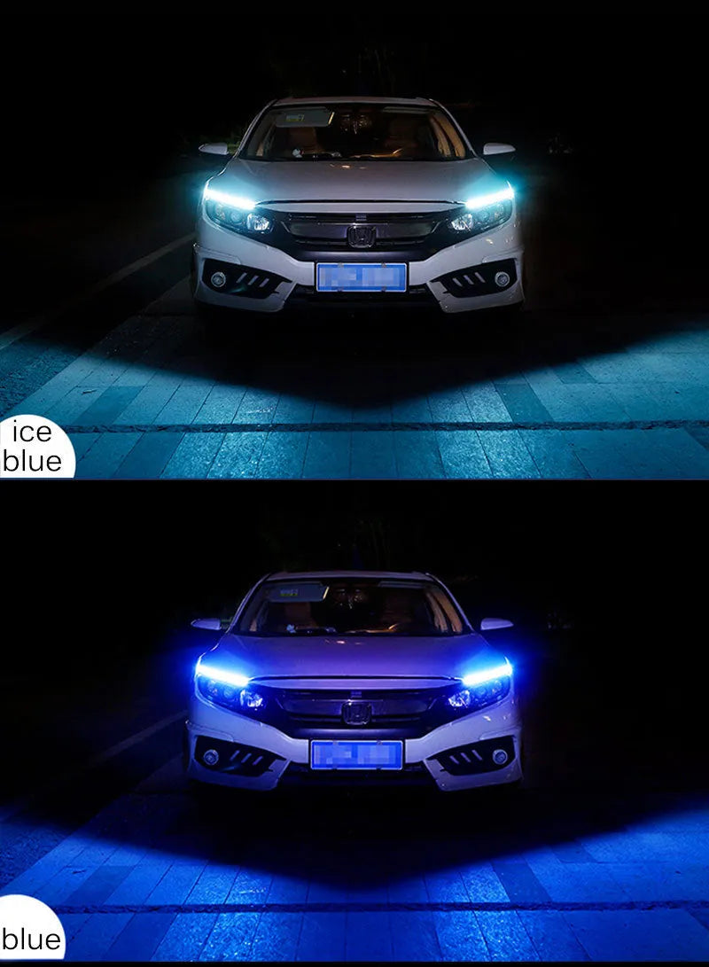 Silicone waterproof car LED light strip showing flowing turn signal effect in blue colour