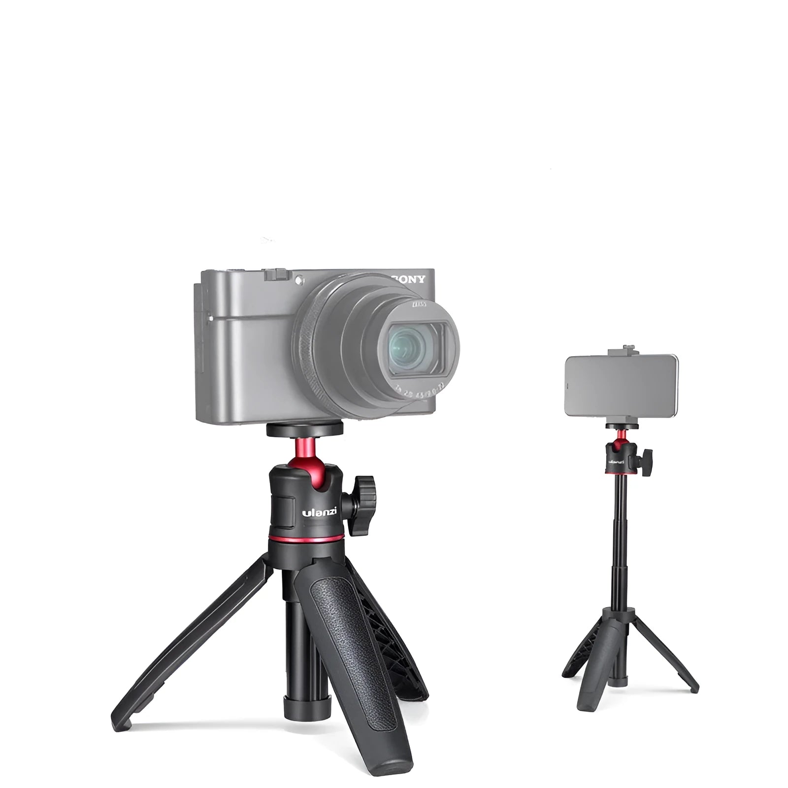 Black and red compact desktop tripod holding a smartphone, with flexible arm extended.