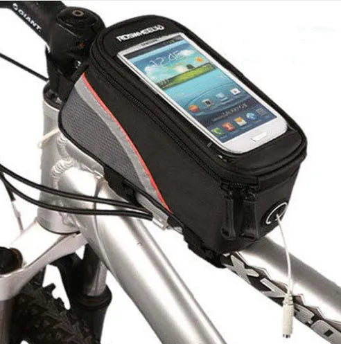 Waterproof PVC bicycle frame phone bag in black, mounted on bike with iPhone inside