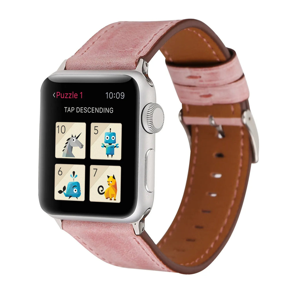 Genuine leather watch strap with a folding buckle in various colours on a grey background.