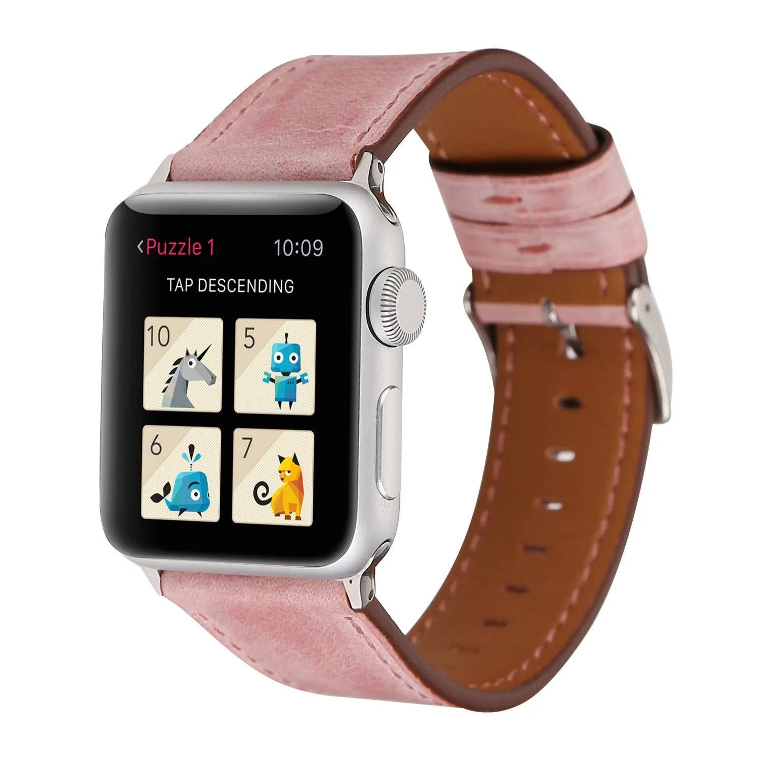 Genuine leather watch strap with a folding buckle in various colours on a grey background.