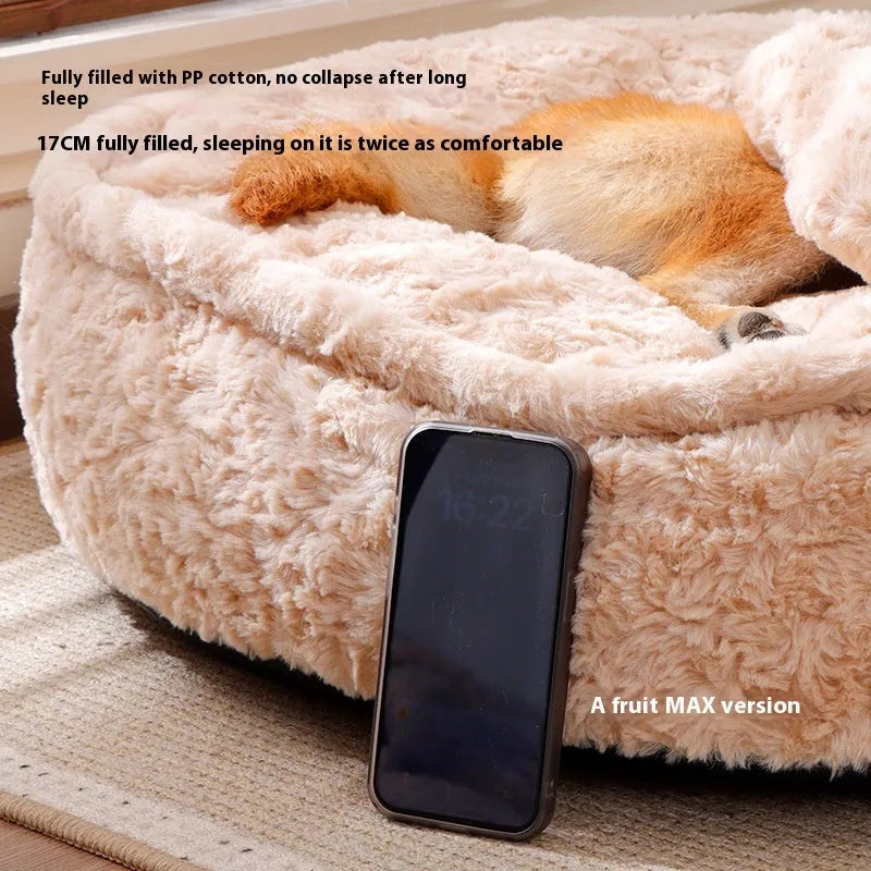 Round milk tea coloured pet bed with a removable cloth cover, shown in size L.