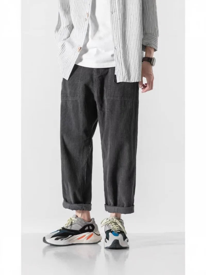 Men's loose straight tapered pants in dark grey with wide leg sports design