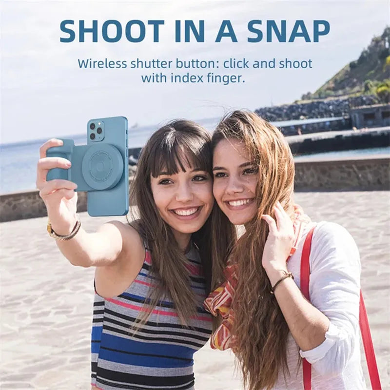 Black magnetic phone camera holder with rotatable grip and ergonomic PU leather handle