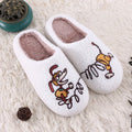 White cartoon pattern plush toe holder slippers with a non-slip rubber sole.