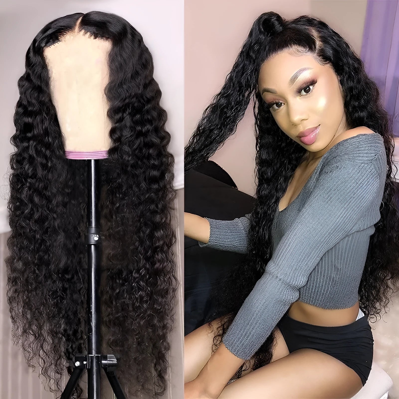 Corn perm long black wig with medium-long pyrofilament hair and long bangs