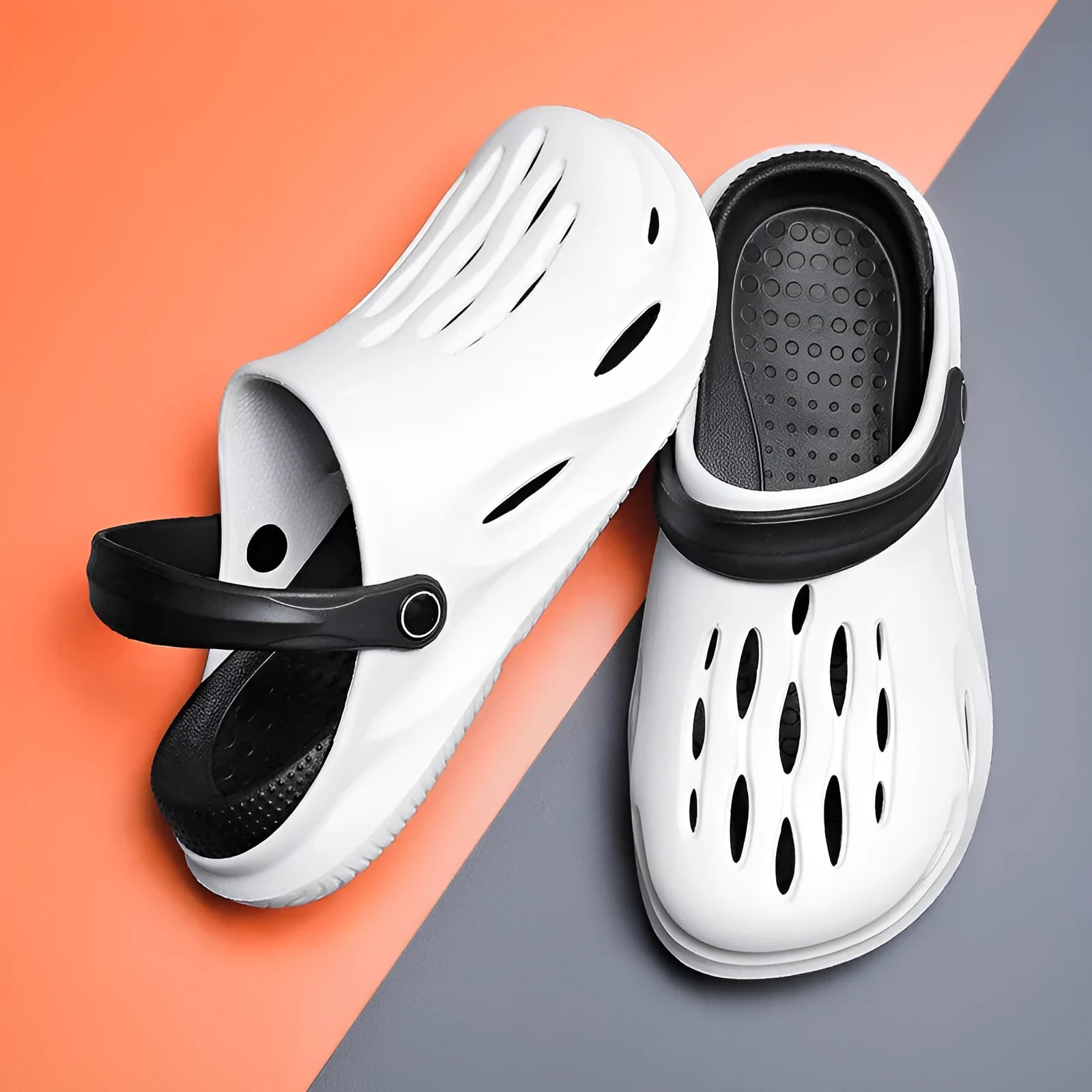 Men's beach sandals with soft-soled toe, artificial PU upper, rubber sole, back tie closure, black colour