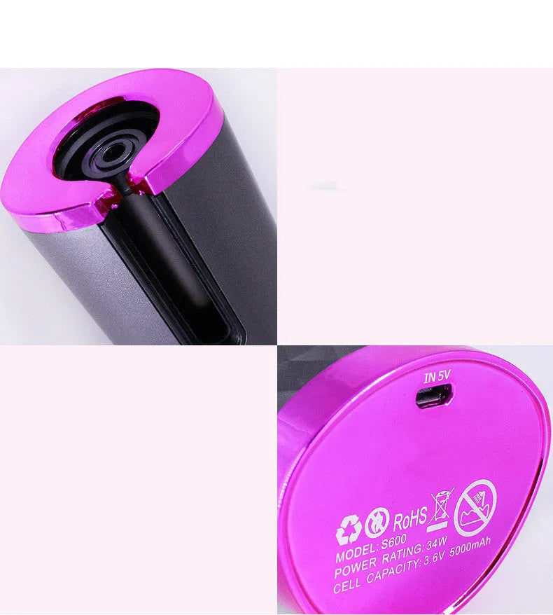 Black rechargeable automatic hair curler with LCD display and rotating ceramic barrel.