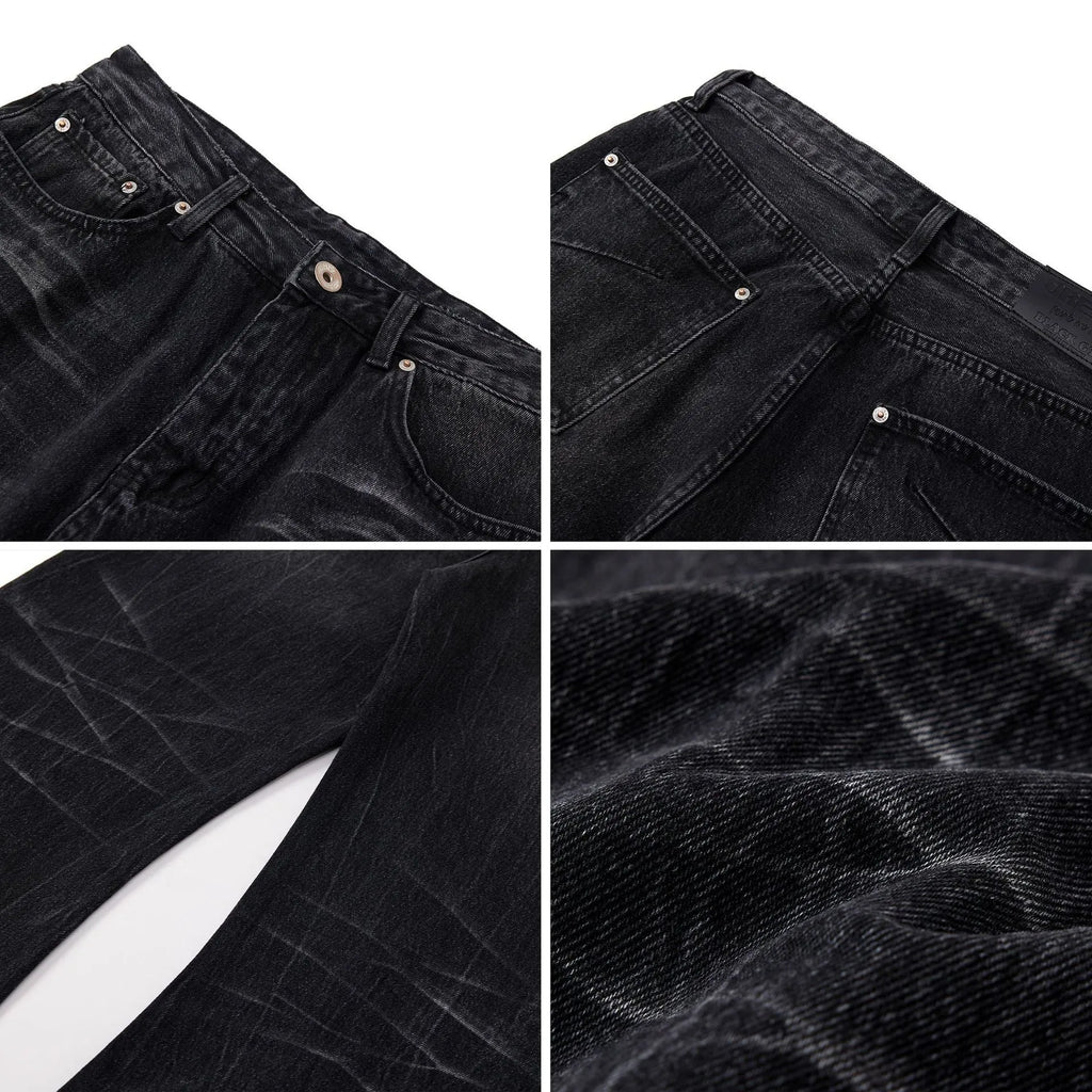 Black straight-leg jeans with lightning crack distressing pattern on knees and thighs