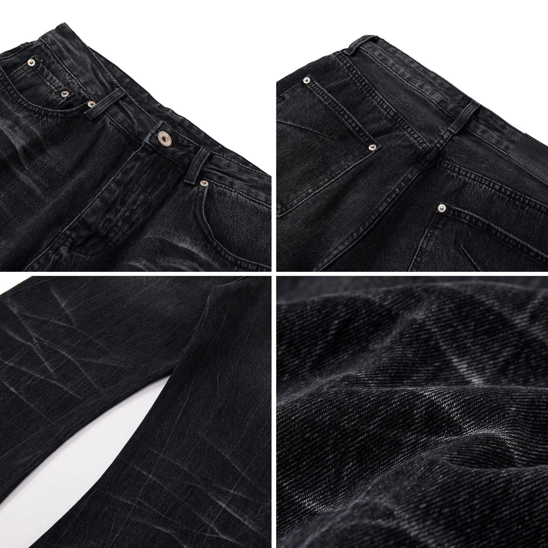 Black straight-leg jeans with lightning crack distressing pattern on knees and thighs