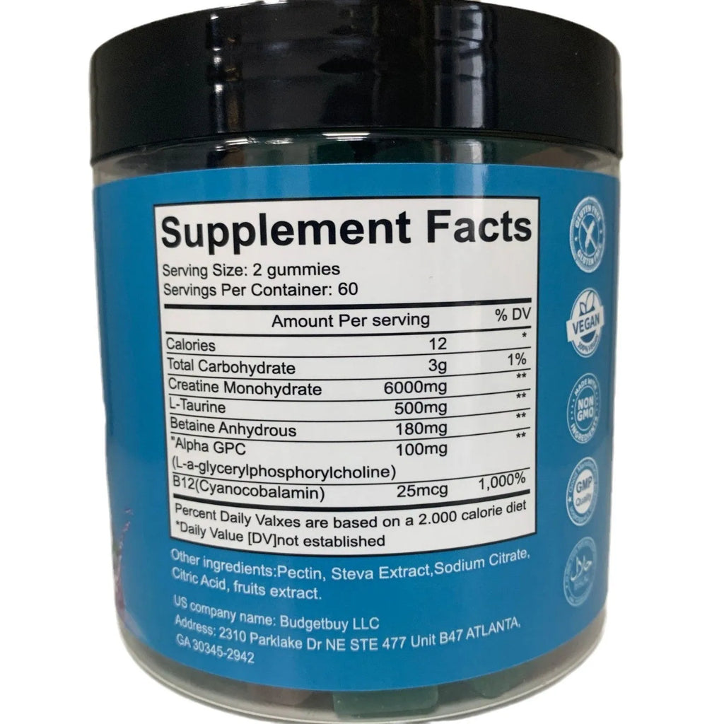 Bottle of raspberry-flavoured creatine monohydrate supplement gummies containing 120 tablets.