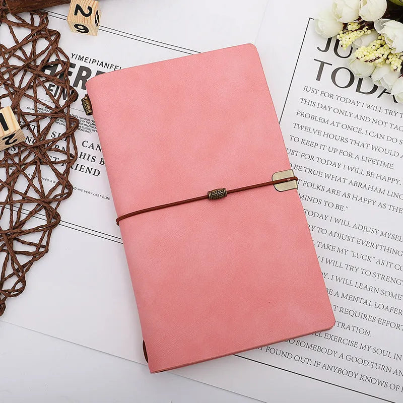 A6 diary notebook with cowhide rope design on imitation leather cover, showing wireless binding and available in grey, pink, or red colours