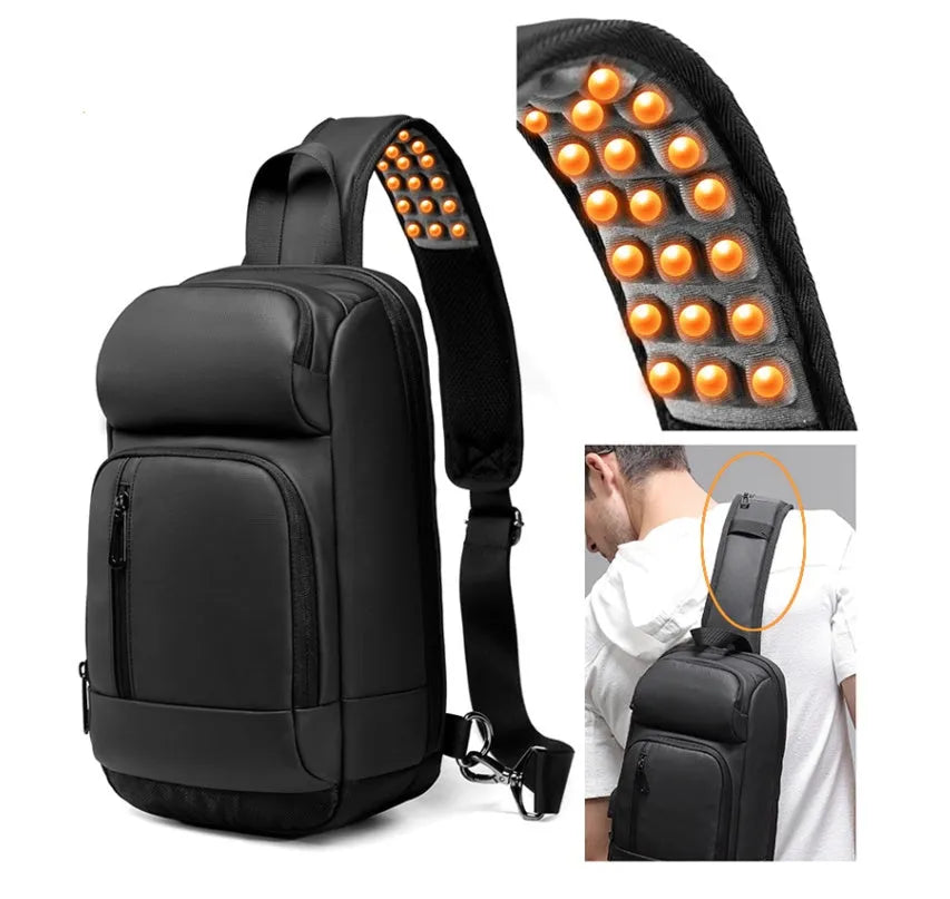 Black PVC outdoor leisure shoulder bag with a single strap, showing dedicated pockets for ID, phone, and computer.