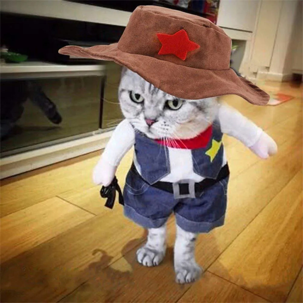 Dark blue pet denim cowboy costume with jacket and hat for cats and dogs, sizes S to XL.