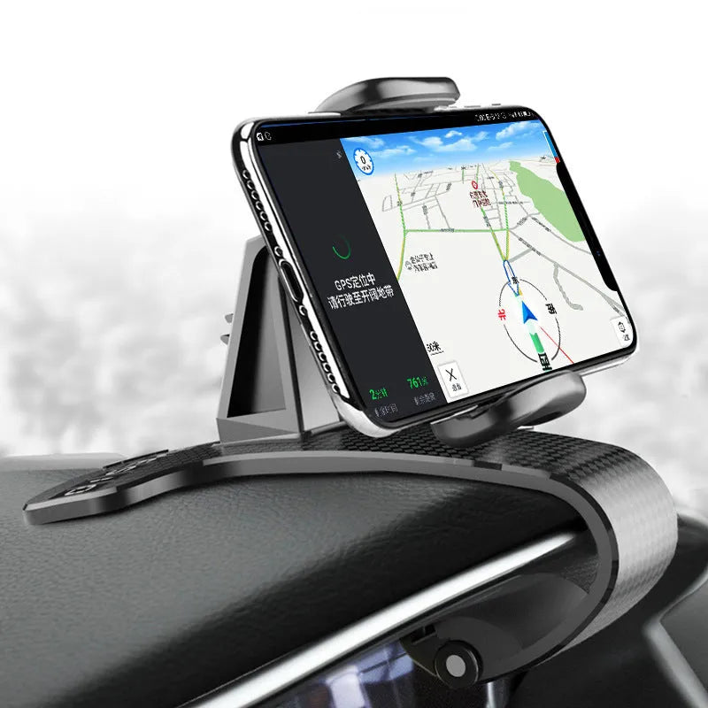 Black car phone mount with 360-degree rotating head and width-adjustable cradle