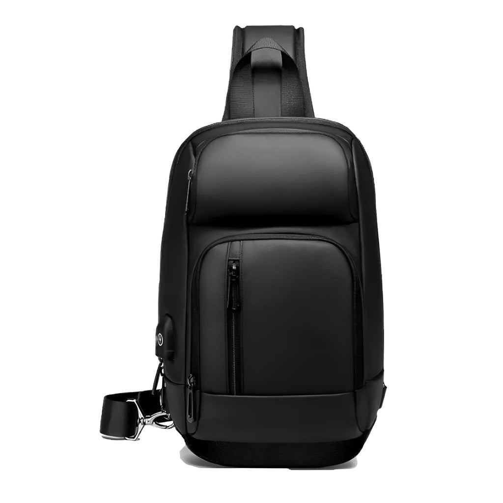 Black PVC outdoor leisure shoulder bag with a single strap, showing dedicated pockets for ID, phone, and computer.