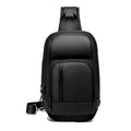 Black PVC outdoor leisure shoulder bag with a single strap, showing dedicated pockets for ID, phone, and computer.