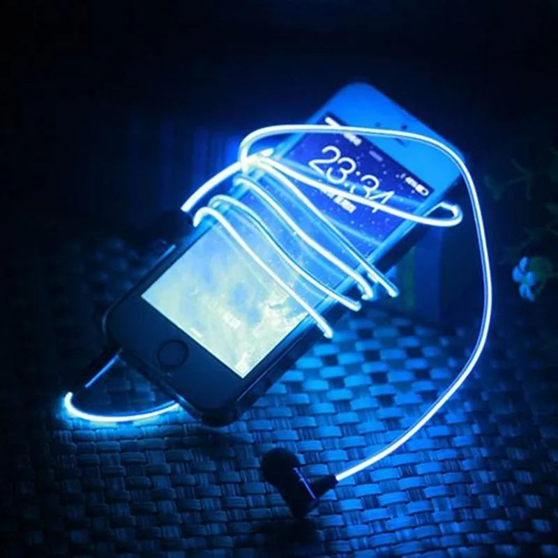 Blue Magic Light LED Earphones with illuminated EL light line and inline remote control.