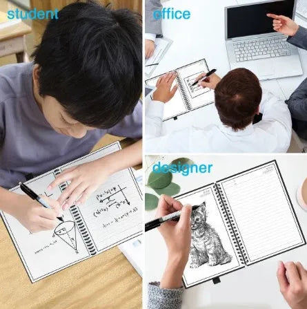 Black rewritable paper notebook open with spiral binding, erasable pen, and B5 size sheets